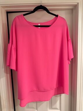 Flowy Bright Pink Ruffle-Sleeve Women's Blouse